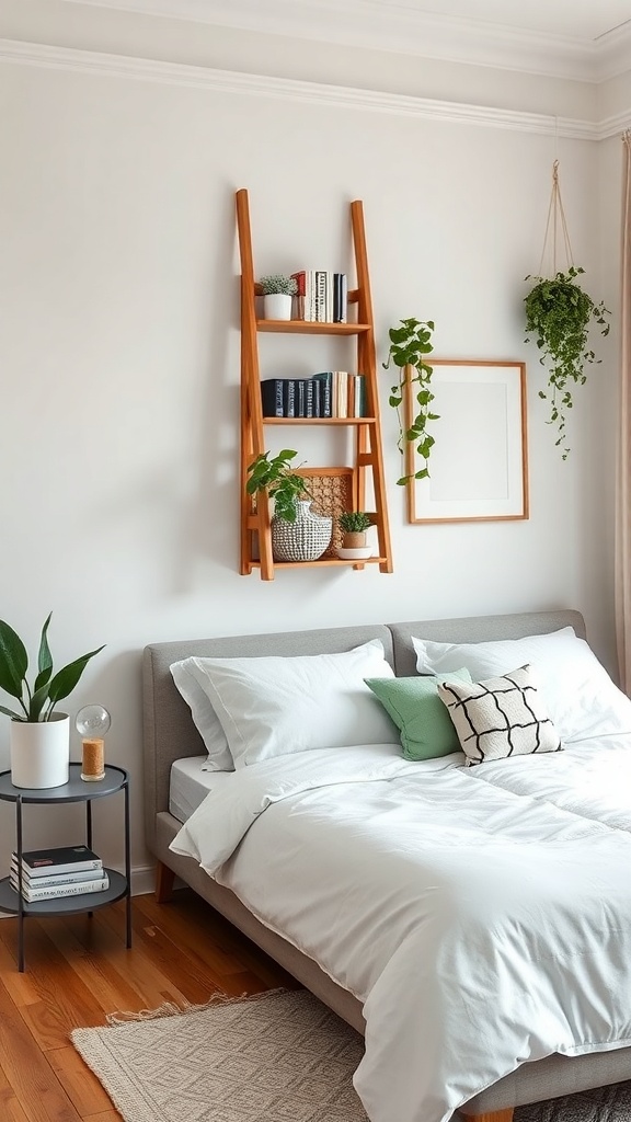 A wooden ladder shelf displaying books and plants in a cozy bedroom setting.