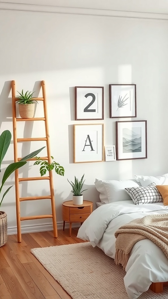 A cozy living room featuring a wooden ladder shelf with plants and framed art on the wall.
