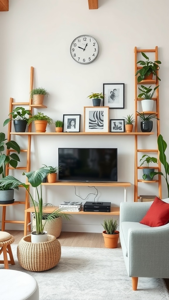A living room with stylish ladder shelves displaying plants and photographs