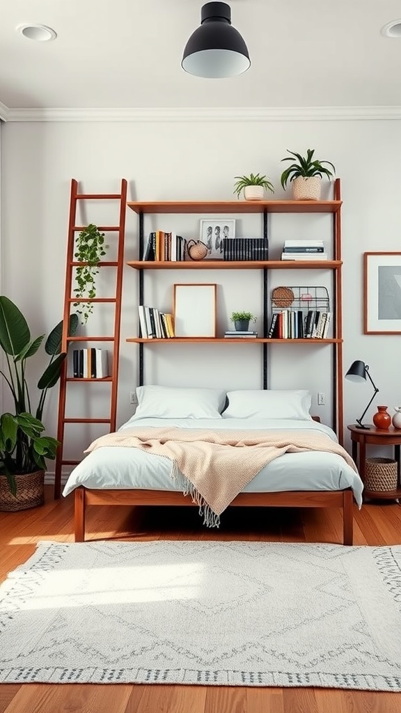 A cozy bedroom featuring a ladder shelf with books and plants, complementing a bed with a soft blanket.