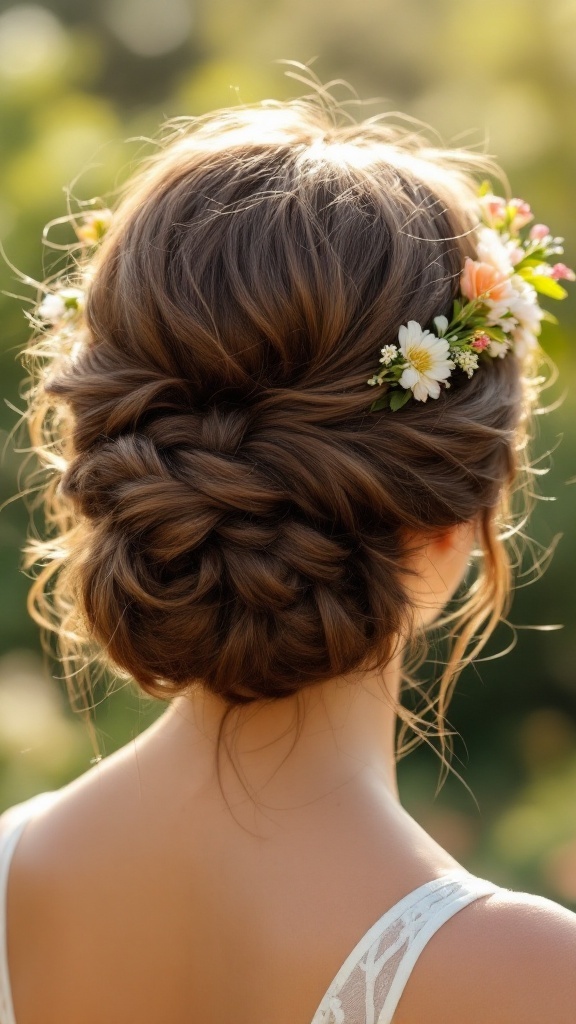 A close-up of a laid-back messy bun hairstyle adorned with a floral crown, showcasing a relaxed and stylish look.