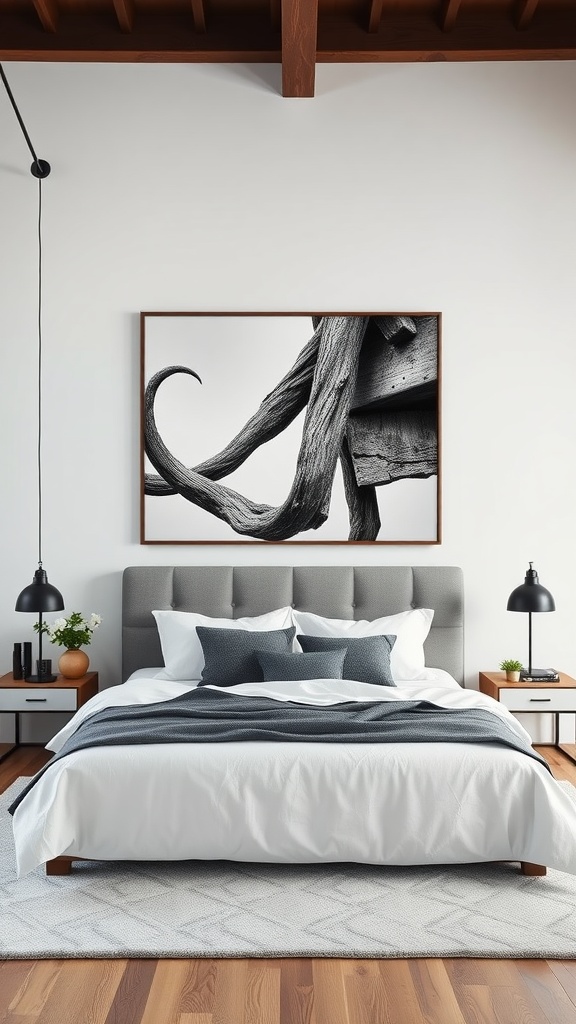 Black and white large-scale photography on a bedroom wall above a grey bed