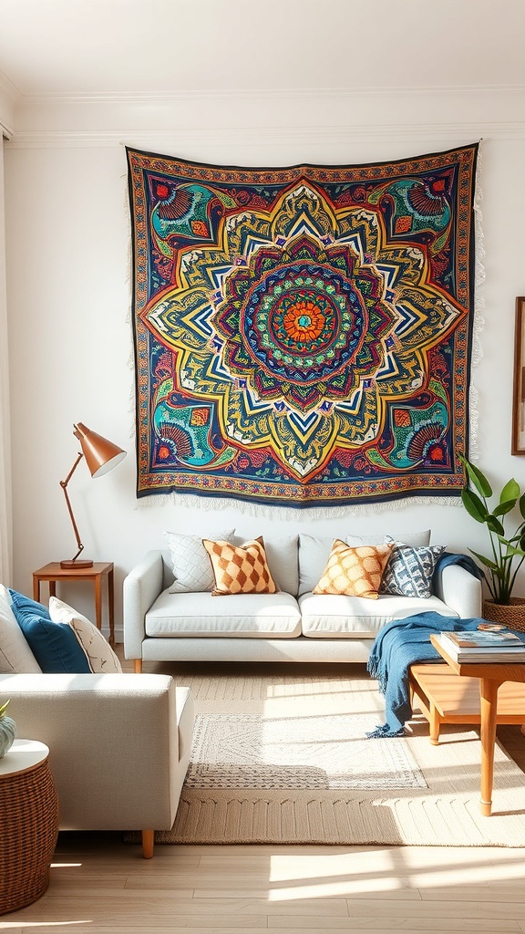 A colorful tapestry hanging on a wall above a cozy sofa in a bright living room.