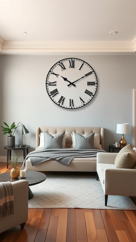 Large wall clock above a cozy sofa in a living room