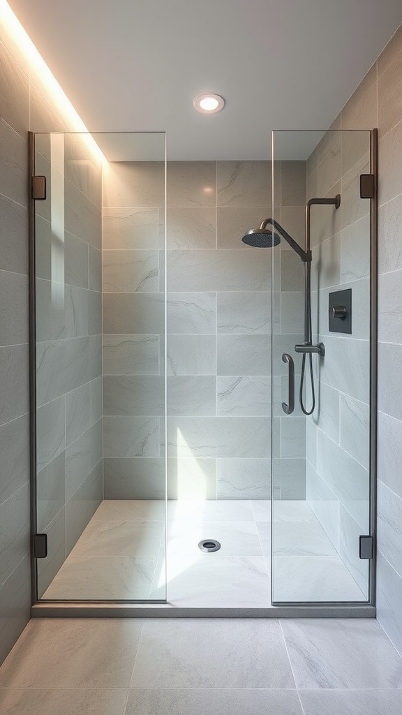 Modern shower featuring large format stone tiles with glass enclosure.