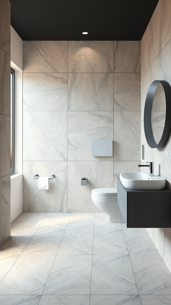 A modern small bathroom featuring large format tiles on the walls and floor, with a minimalist sink and toilet.