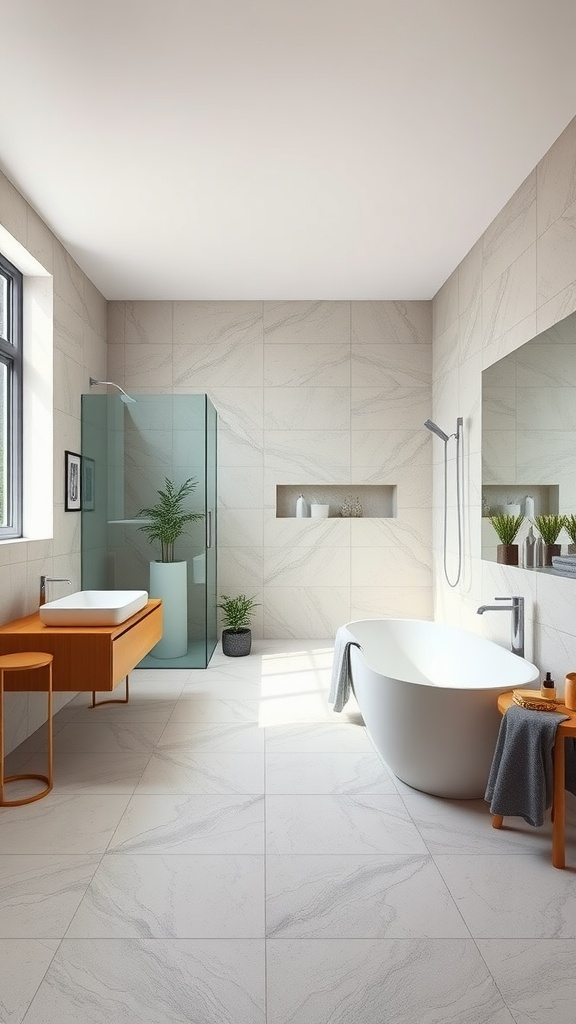 A modern bathroom featuring large format tiles, a freestanding bathtub, and a glass shower enclosure.