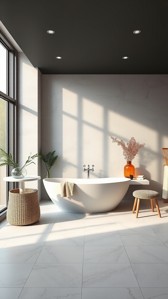A modern bathroom featuring large format tiles, a white bathtub, and stylish decor.