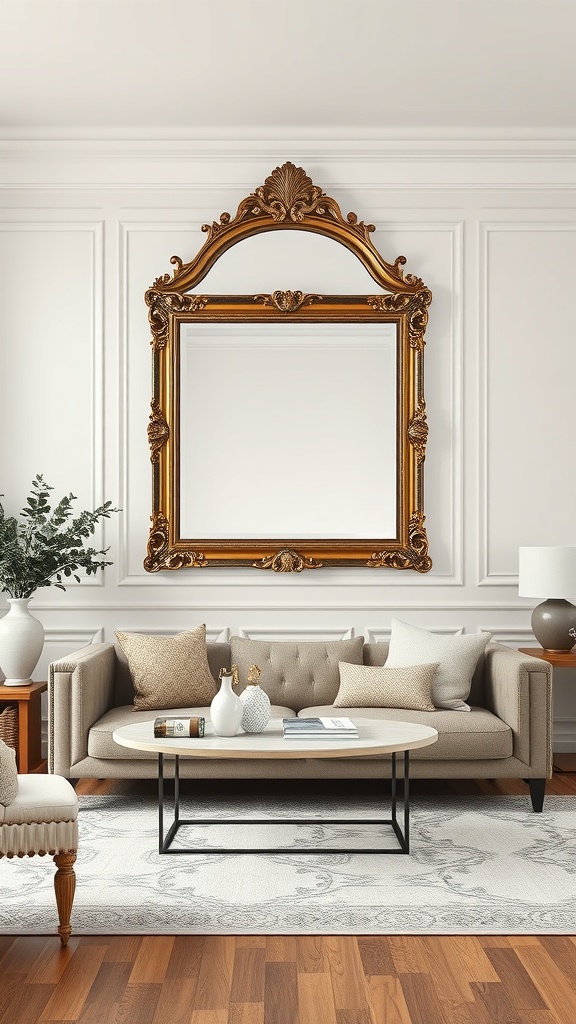 A large ornate gold-framed mirror hanging above a sofa in a stylish living room.