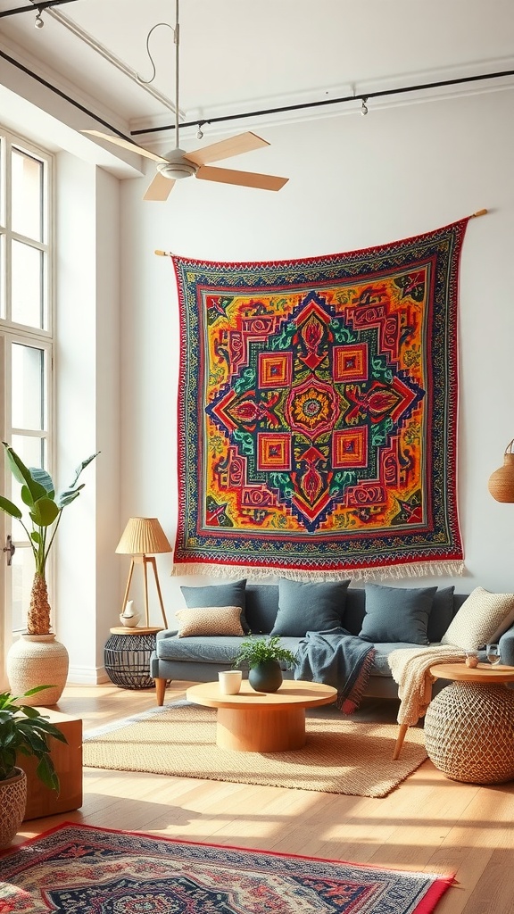 Large colorful tapestry hanging on a wall in a cozy living room