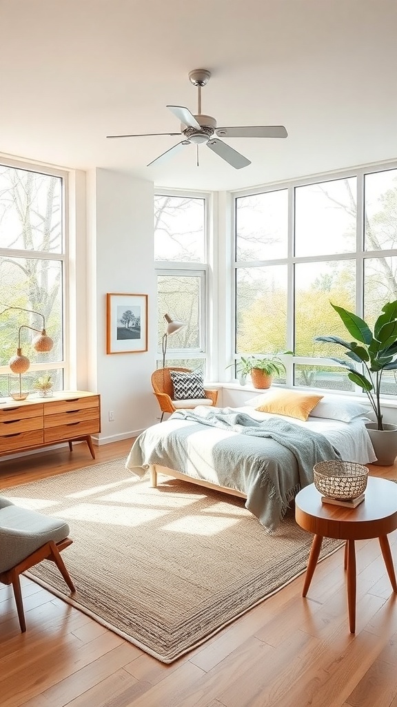 A mid-century modern bedroom featuring large windows, a cozy bed, and wooden furniture.