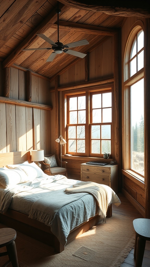 A rustic bedroom with large windows allowing natural light to fill the space.