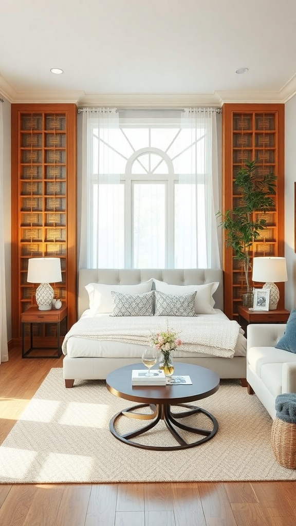 A cozy living room featuring wooden lattice accents on the walls, a comfortable sofa, and a round coffee table.