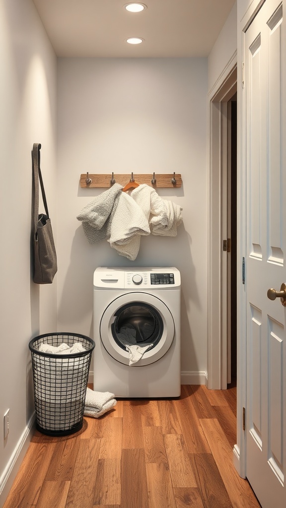 A small laundry room in a hallway featuring a washing machine, a laundry basket, and hanging towels.