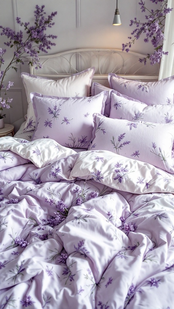 Lavender-themed bedding with floral patterns and pillows in a cozy bedroom setting