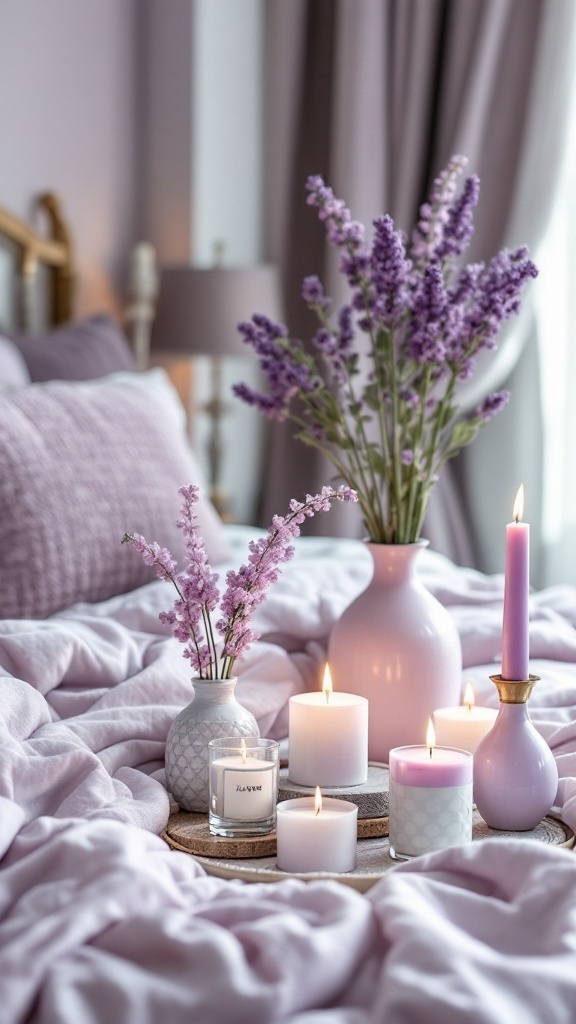 Lavender-themed bedroom accessories including candles and flowers arranged on a bed