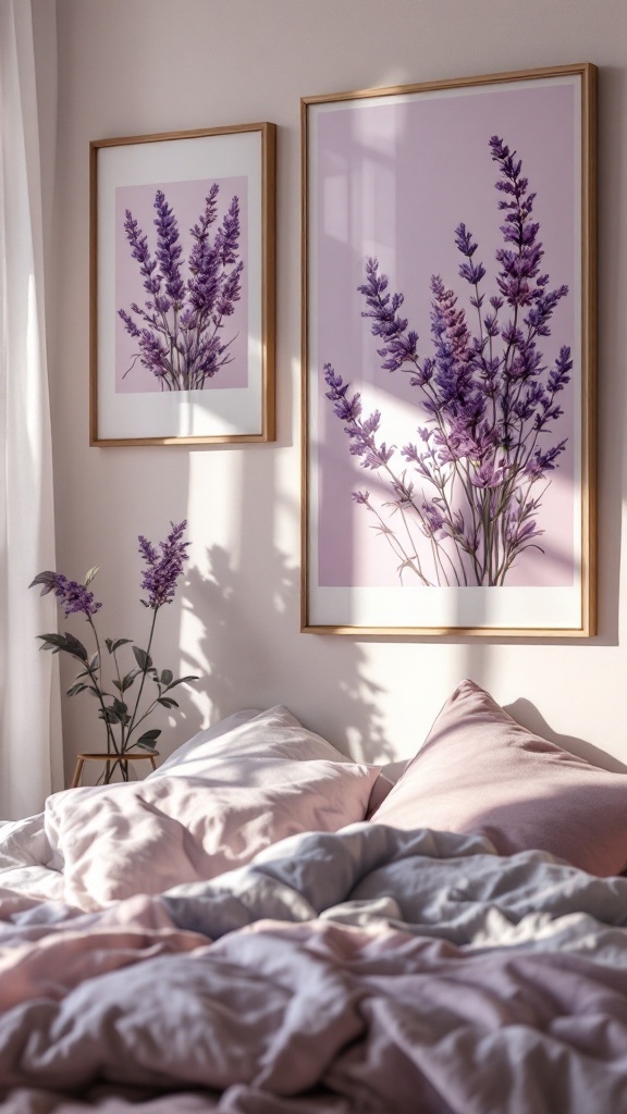 Lavender artwork in a bedroom with pillows and natural light