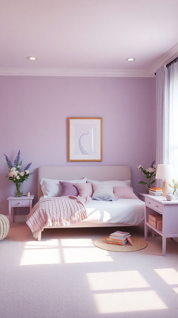 A soft pastel lavender bedroom with a cozy bed, decorative pillows, and fresh flowers.