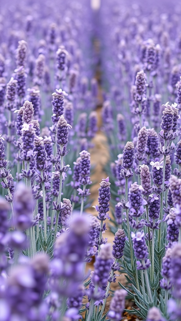 A field of blooming lavender plants with rich purple flowers.