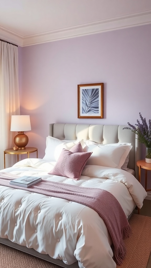 A cozy lavender bedroom featuring soft lighting, a plush bed with white bedding, and decorative elements like a leaf print and lavender flowers.