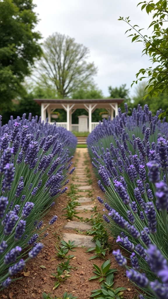 A stone pathway surrounded by blooming lavender plants leading to a gazebo.