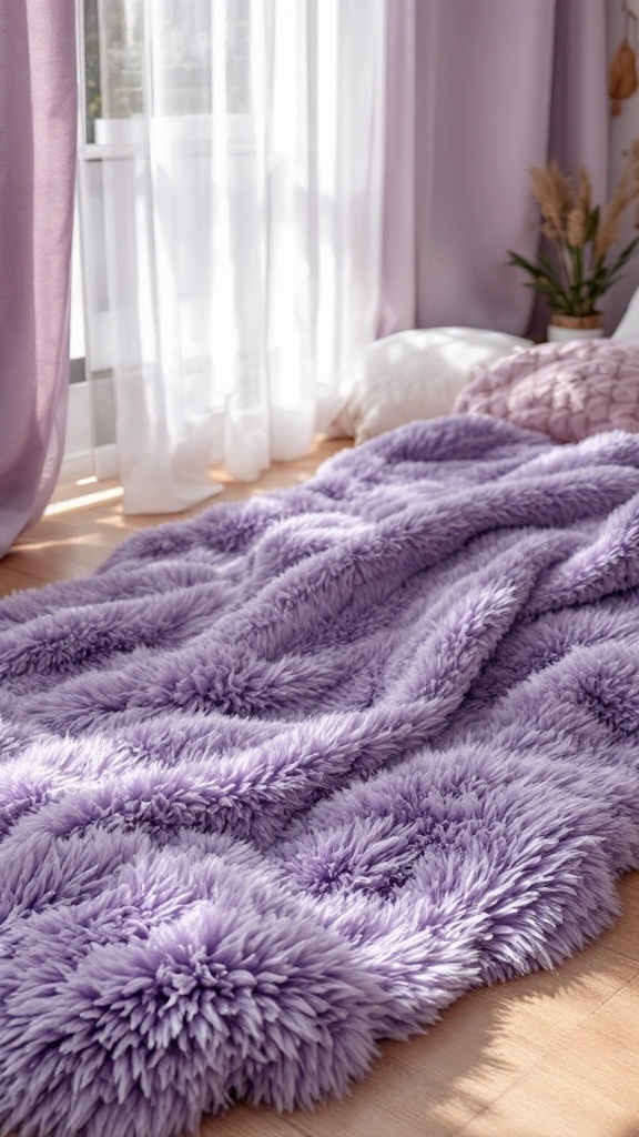 A soft lavender rug in a bright bedroom setting.