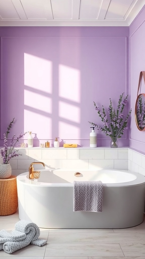 A serene bathroom with lavender walls, a freestanding tub, and natural light.