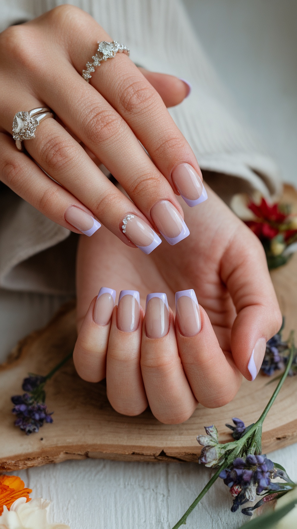 Close-up of hands with lavender tip nails and silver rings on a wooden surface with flowers