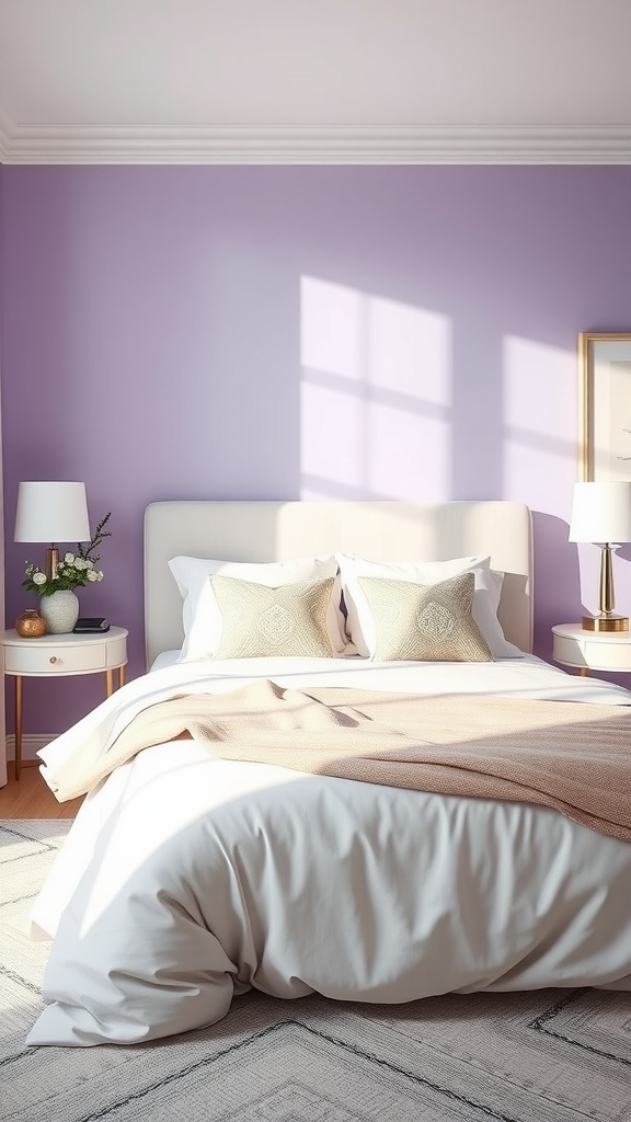A cozy bedroom with lavender walls, white bedding, and soft beige accents.