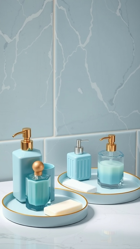 Elegant bathroom accessories in shades of blue with gold accents, arranged on a marble countertop.