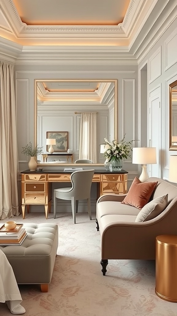 A lavish dressing area featuring elegant furniture, soft lighting, and a stylish mirror.