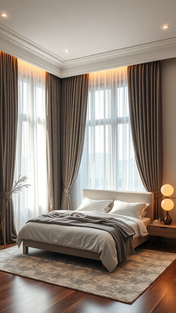 A cozy bedroom featuring layered curtains, a bed with neutral bedding, and warm lighting.