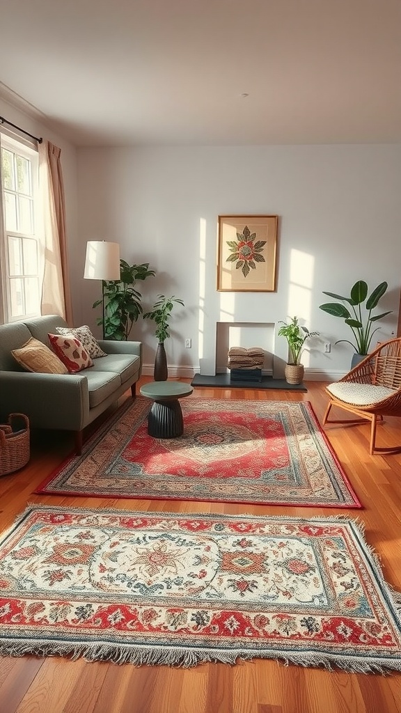 A cozy farmhouse living room with layered area rugs on a wooden floor, featuring a sofa, plants, and a decorative lamp.