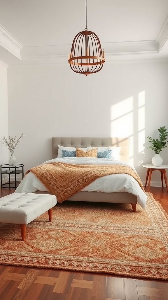 A cozy bedroom with layered area rugs, featuring a larger patterned rug beneath a smaller textured one, a bed with a knitted throw, and a modern light fixture.