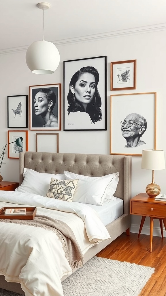 Layered artwork display above a cozy bedroom bed with a modern aesthetic.