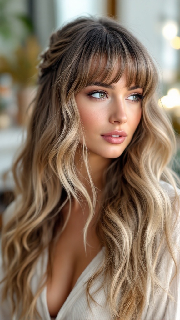 A woman with long layered hair styled in a half up half down look with bangs.