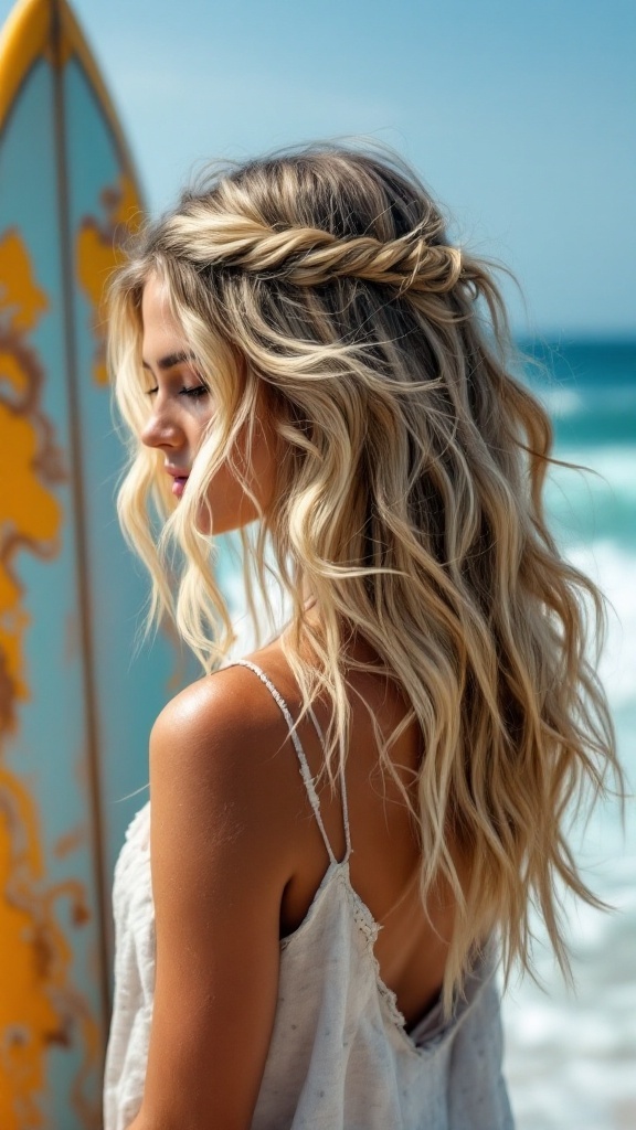 A person with long, layered beach waves hairstyle, enjoying the beach.
