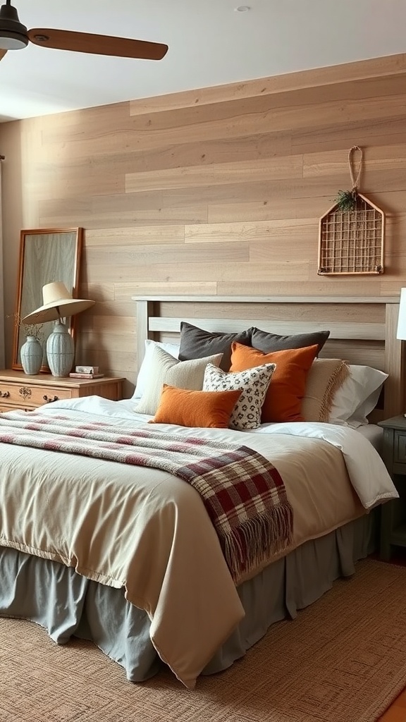 A cozy western-style bedroom with layered bedding featuring a plaid throw and decorative pillows.