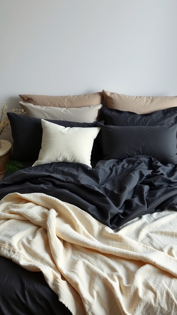 Cozy dark bedding with layered pillows and blankets
