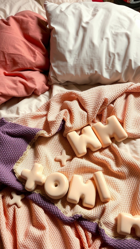 A cozy bed with layered bedding including soft pillows and blankets, featuring playful letters scattered on the bed.