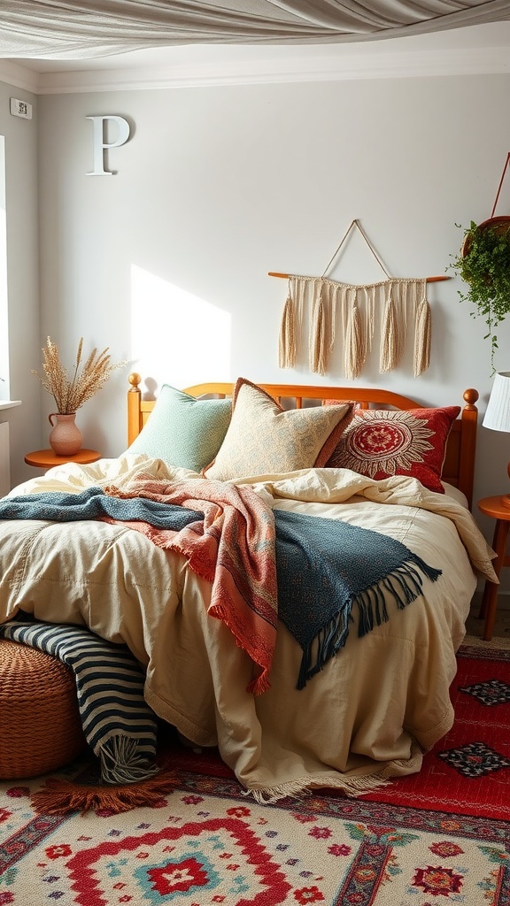 A boho styled bedroom with layered bedding, featuring soft neutral linens, colorful throws, and a cozy atmosphere.