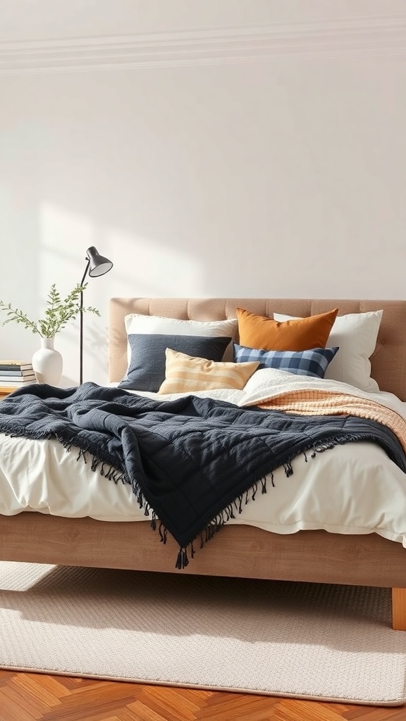 A stylishly layered bed with navy blanket, colorful pillows, and a bedside lamp.