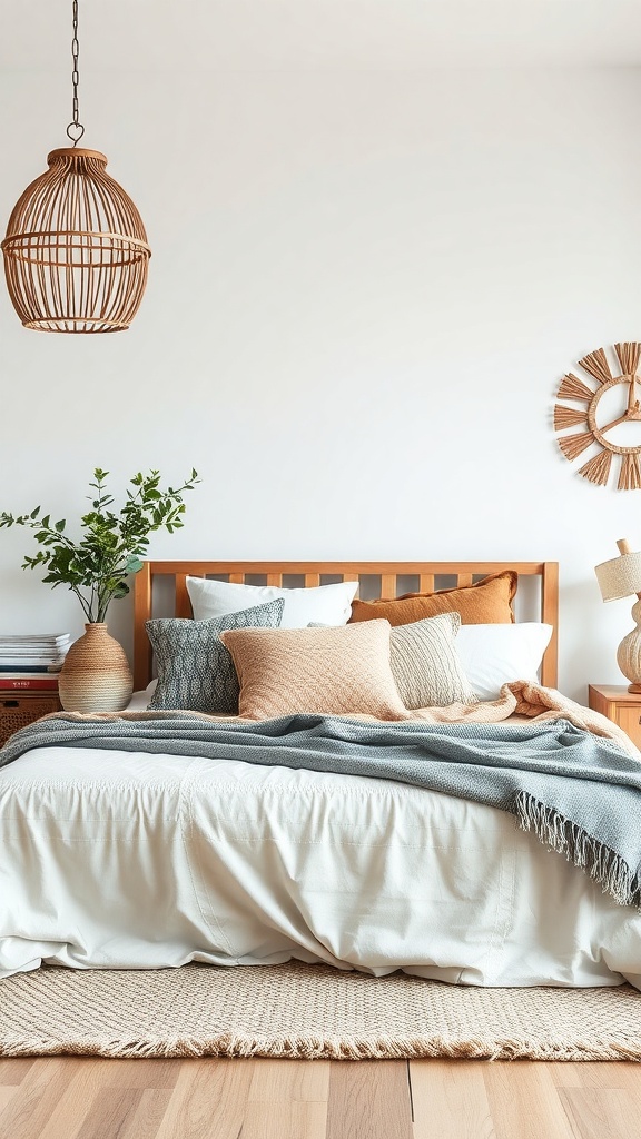 A cozy Scandinavian boho bedroom with layered bedding, featuring a white bedspread, colorful pillows, and a woven rug.