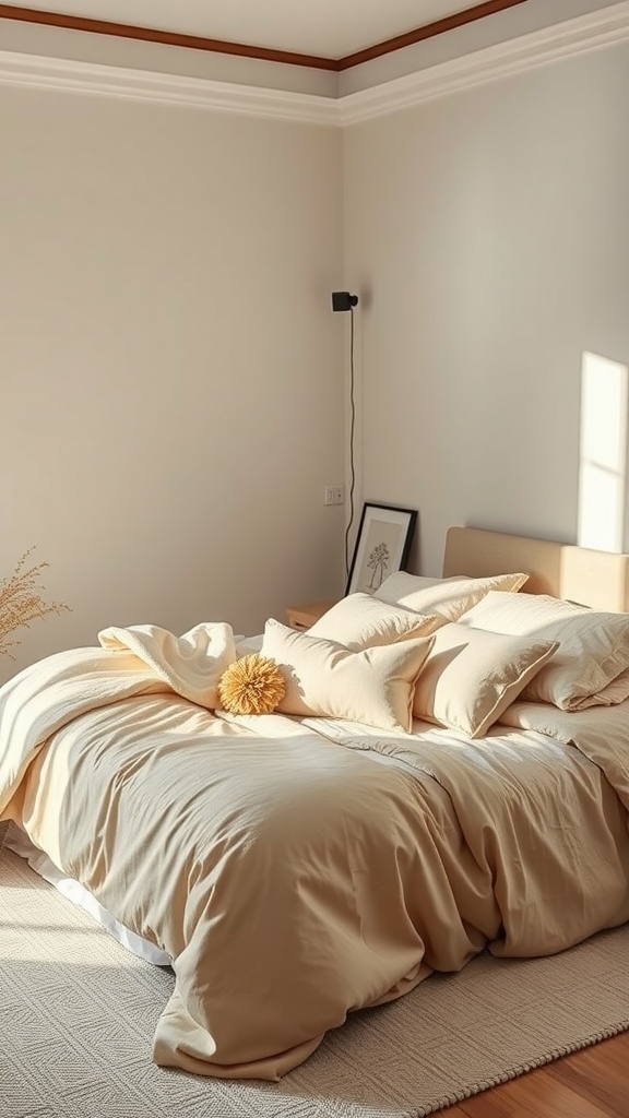 A cozy bedroom featuring layered bedding in soft beige tones, showcasing multiple pillows and a warm atmosphere.