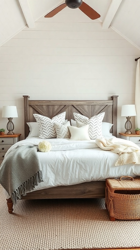 A cozy farmhouse bedroom featuring layered bedding with decorative pillows and a soft throw blanket.