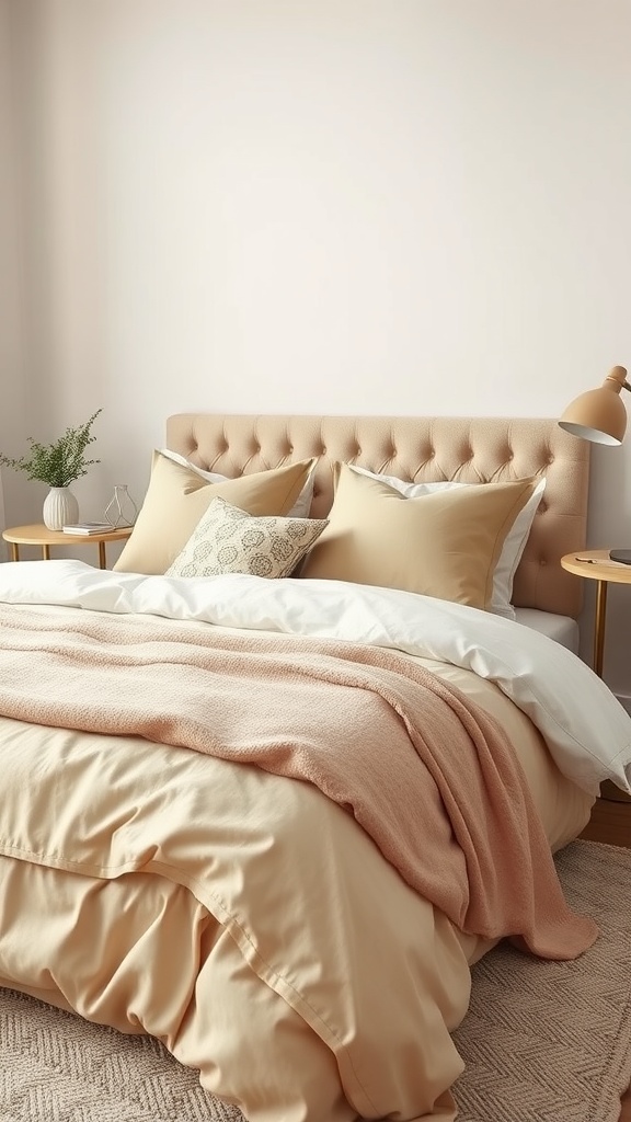 A cozy beige and brown bedroom with layered bedding, featuring a ruffled duvet and decorative pillows.