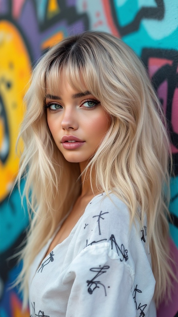 A young woman with layered blonde hair and curtain bangs, set against a colorful graffiti background.