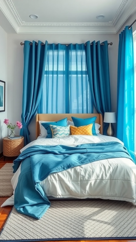 A blue-themed bedroom featuring layered textiles, including curtains, bedding, and accent pillows.