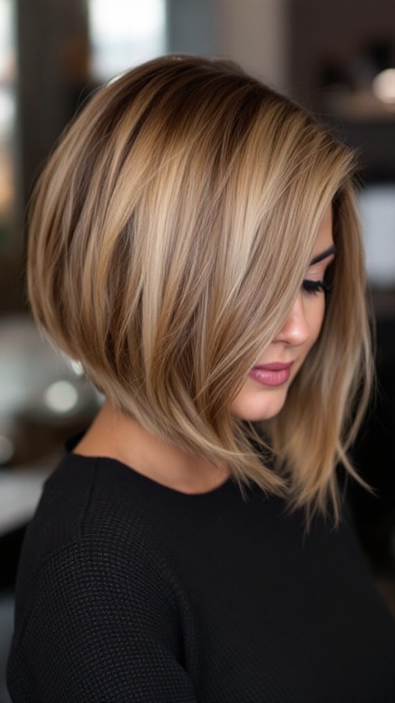 A woman with a layered bob hairstyle, showcasing soft waves and a chic look.