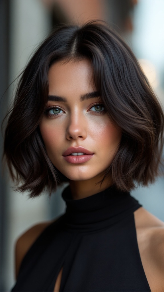 A woman with a layered bob hairstyle, wearing a high neck dress.